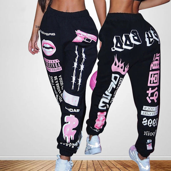 Women Fashion Elastic Waist Sports Printed Sweatpants