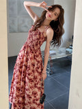 Rose Floral Sling Dress Waist Hugging