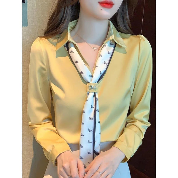 Tops Women 2023 Blouse Spring Summer Polo-neck Long Sleeve Single-breasted Bow Patchwork Fashion Office Lady Korean Style Casual