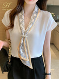 Simple Office Lady Chiffon Blouse Female Shirt Lace-Up Tops