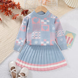 Girls Sweater Knit 2 pcs Girls Geometric Printed Knit Top+Striped