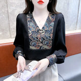 Women High-quality Chinese Style Vintage Embroidery Blouse Spring Autumn Fashion V Neck Long Sleeve Slim Shirt Elegant Chic Tops