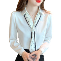 Tops Women 2023 Blouse Spring Summer Polo-neck Long Sleeve Single-breasted Bow Patchwork Fashion Office Lady Korean Style Casual