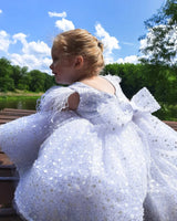 3-9 Years White Tulle Girl Dress Sequined Bows  Kids Princess