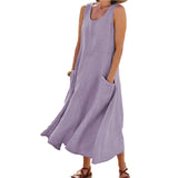 Women Sundress Elegant Round Neck Vintage Pockets