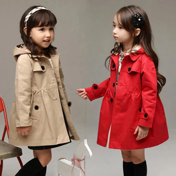 Long Style Hooded Toddler to Girl Red Windbreaker Coat