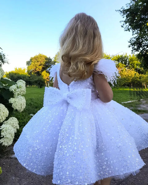 3-9 Years White Tulle Girl Dress Sequined Bows  Kids Princess