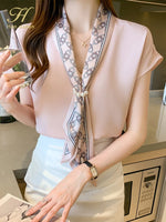 Simple Office Lady Chiffon Blouse Female Shirt Lace-Up Tops