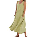 Women Sundress Elegant Round Neck Vintage Pockets