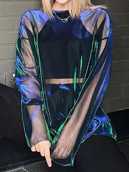 Solid See  Sexy Tops O-Neck Long Sleeve Oversized