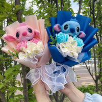 CatoonGift Stich Winnie the Pooh SpongeBob Plush Doll Toy With Flowers  Handmade Bouquet