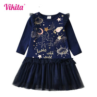 VIKITA Girls Sequined Appliqued Long Sleeve Patchwork Dresses