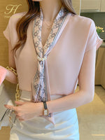 Simple Office Lady Chiffon Blouse Female Shirt Lace-Up Tops