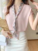 Simple Office Lady Chiffon Blouse Female Shirt Lace-Up Tops