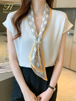 Simple Office Lady Chiffon Blouse Female Shirt Lace-Up Tops