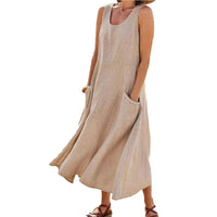 Women Sundress Elegant Round Neck Vintage Pockets