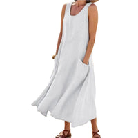 Women Sundress Elegant Round Neck Vintage Pockets