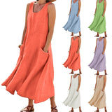 Women Sundress Elegant Round Neck Vintage Pockets