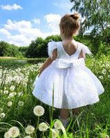 3-9 Years White Tulle Girl Dress Sequined Bows  Kids Princess