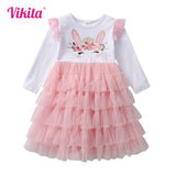 Girls Rabbit Cartoon Flare Sleeve  Princess Dresse   Cake Tutu Dress 3-8Y