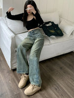 Deeptown Y2k Baggy Wide Leg  Grunge Basic Slouchy Blue Trousers Femme