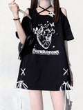 Vintage Cross Off Shoulder Bandage Bow T-Shirts Summer Y2k