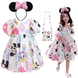 Disney Mickey Girl Dress Kids Toddler Mickey Minnie Mouse Daisy Cartoon Puff Sleeve Clothes Backless Cute Dresses