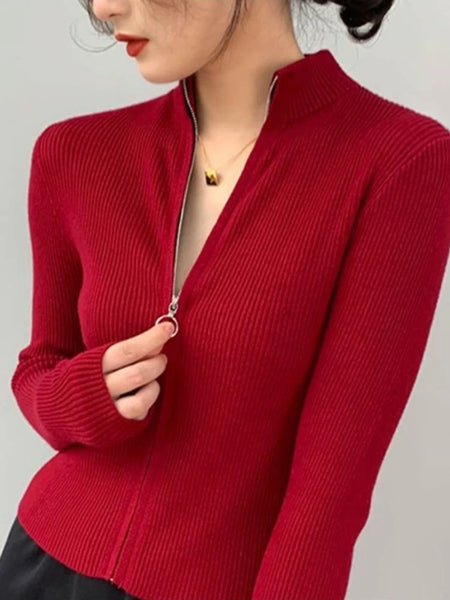 Spring Autumn Zipper Cardigan Women Stand-up Collar