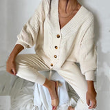 2-pieces Sweater Suit Hemp Flower V-neck Single-Breasted