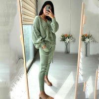 2-pieces Sweater Suit Hemp Flower V-neck Single-Breasted