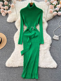 Elegant  Knitted  Dress with Belt Lady Wrap