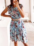 Floral Printed Long Dress Elastic Waist V-Neck Pleated Chiffon