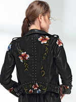 Floral Print Embroidery Faux Soft Leather Jacket