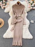 Elegant  Knitted  Dress with Belt Lady Wrap