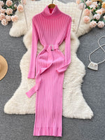 Elegant  Knitted  Dress with Belt Lady Wrap