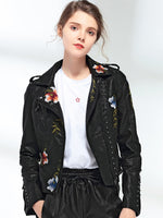 Floral Print Embroidery Faux Soft Leather Jacket