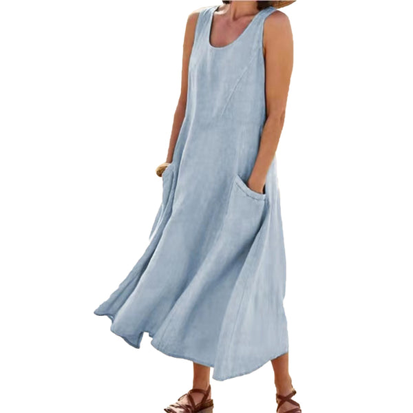 Women Sundress Elegant Round Neck Vintage Pockets