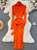 Elegant  Knitted  Dress with Belt Lady Wrap