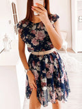 Floral Printed Long Dress Elastic Waist V-Neck Pleated Chiffon