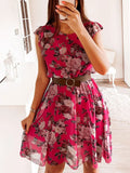 Floral Printed Long Dress Elastic Waist V-Neck Pleated Chiffon