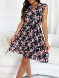 Floral Printed Long Dress Elastic Waist V-Neck Pleated Chiffon