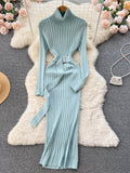 Elegant  Knitted  Dress with Belt Lady Wrap