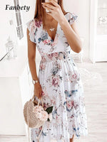 Floral Printed Long Dress Elastic Waist V-Neck Pleated Chiffon