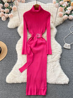 Elegant  Knitted  Dress with Belt Lady Wrap