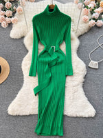 Elegant  Knitted  Dress with Belt Lady Wrap